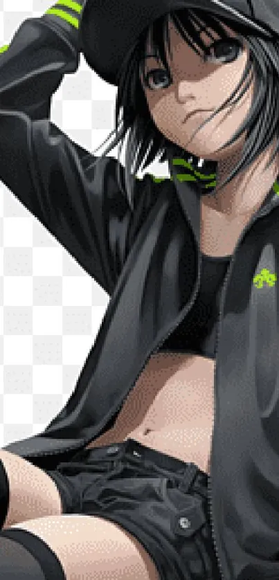 Anime girl in black streetwear with neon green accents on transparent background.