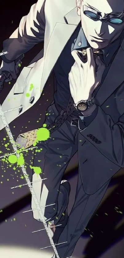 Anime character in a suit with green accents on a dark background.