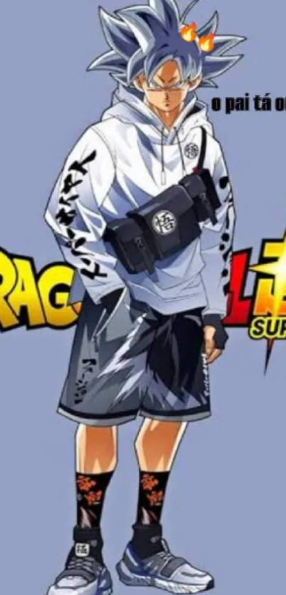 Anime character in street-style attire with Super Saiyan theme.