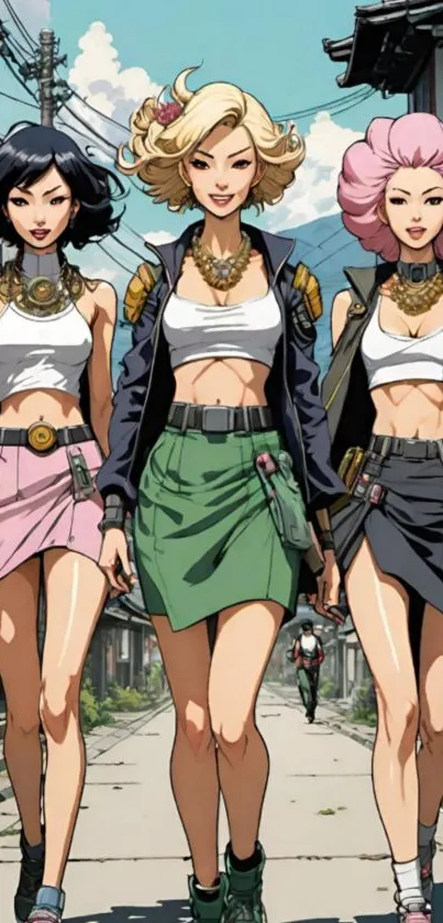 Three anime characters in street outfits walking on a vibrant city street.