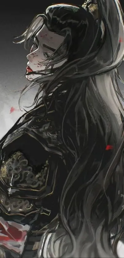 Anime warrior with long hair in dark, detailed armor.