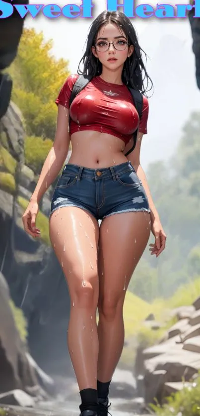 Anime woman in red top and denim shorts in nature setting.