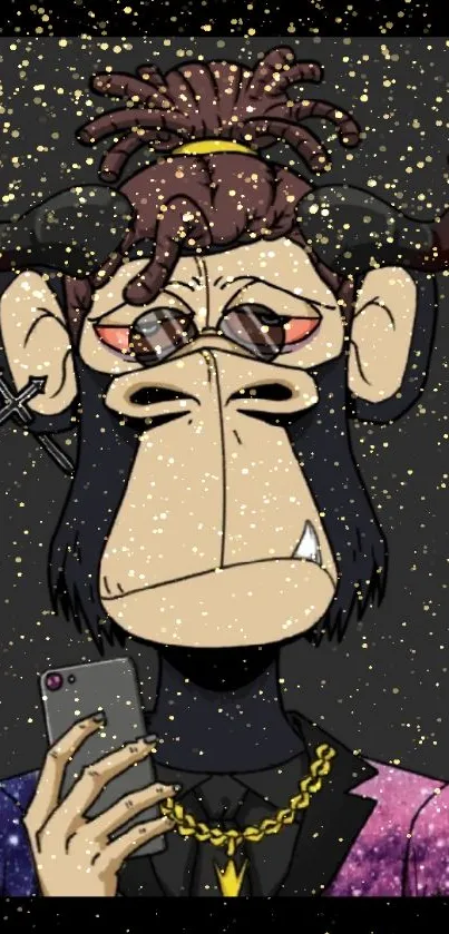 Stylish ape holding phone, trendy wallpaper art.