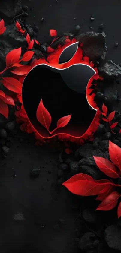 Black Apple logo with red leaves on dark background.