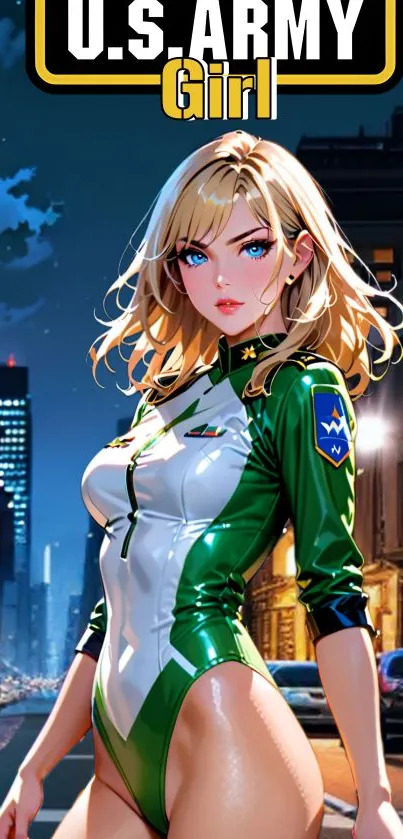 Anime army girl in a vibrant city backdrop.