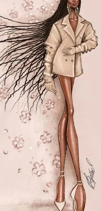 Fashion illustration of woman in beige with floral background.