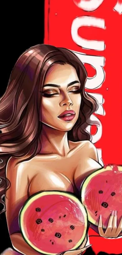 Stylish art featuring a woman holding watermelons against a red backdrop.