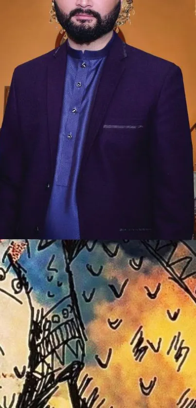 Man in a purple suit with an artistic background on a mobile wallpaper.