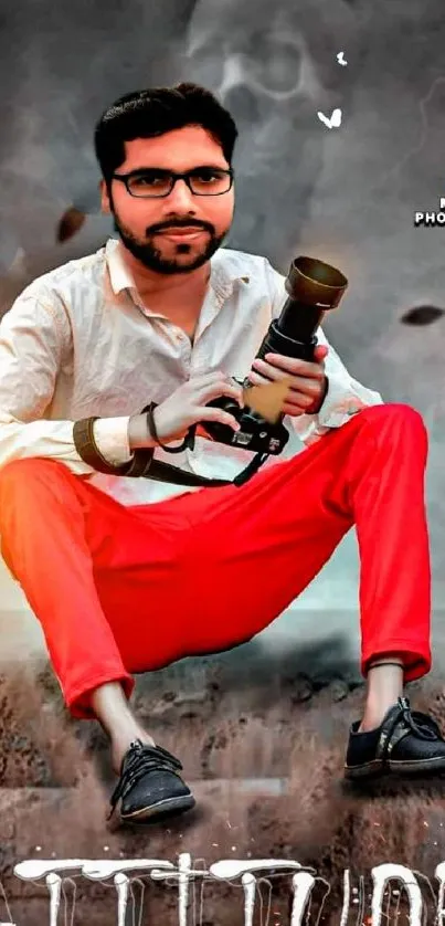 Man in red pants posing confidently with camera and attitude.