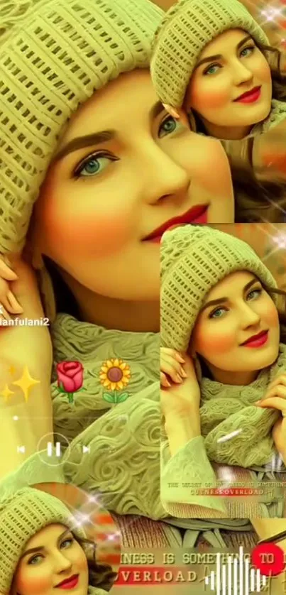 Autumn-themed wallpaper featuring a stylish woman in a cozy beanie and scarf.