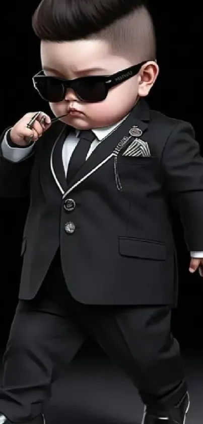 Stylish baby in a black suit and sunglasses.