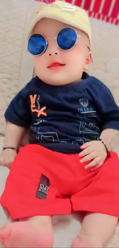 Baby wearing sunglasses with a navy blue shirt and red shorts, lying on a couch.