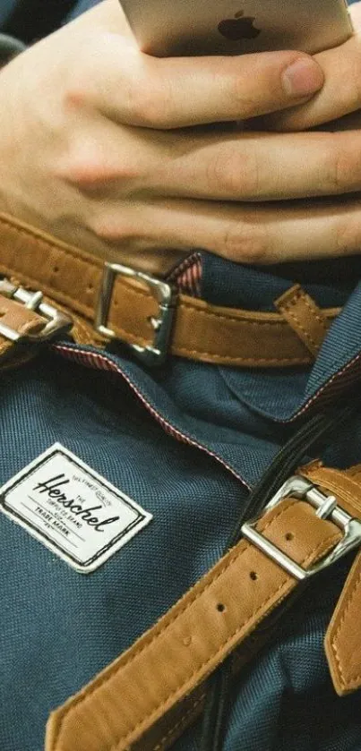 Close-up of a hand holding an iPhone over a stylish backpack with leather straps.