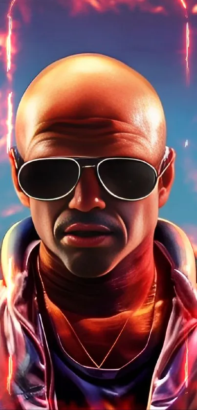 A bald character with sunglasses and a colorful jacket on a blue background.