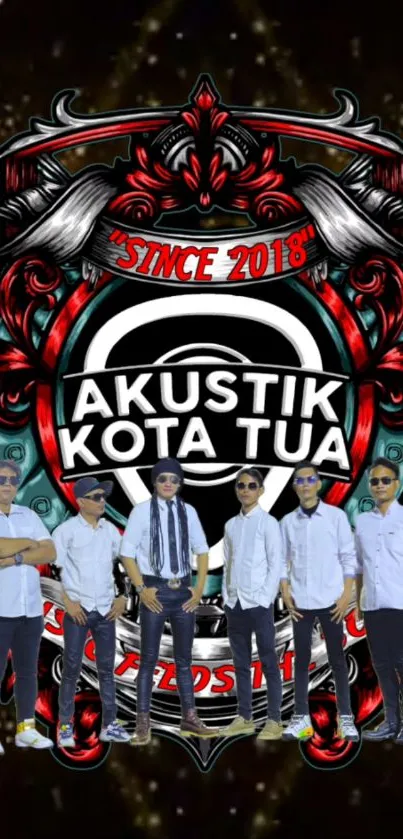 Artistic wallpaper featuring the Akustik Kota Tua band with a stylish, modern design.