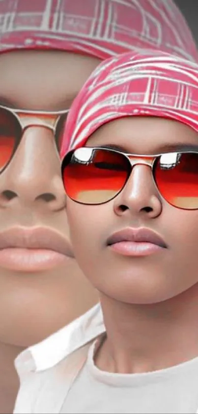 Stylish person with red bandana and sunglasses in fashion portrait.