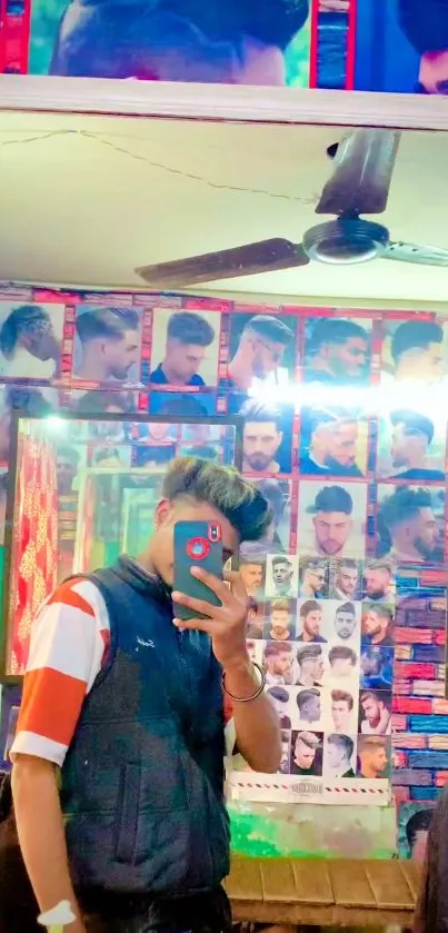 Trendy mirror selfie in a colorful barber shop.