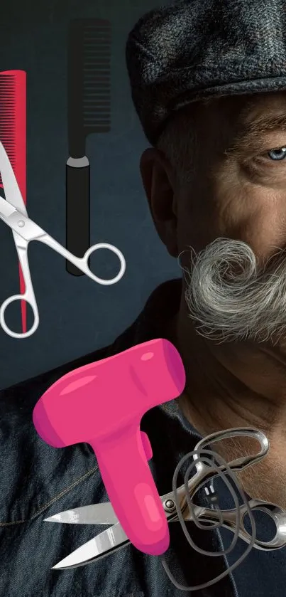 Stylish barber-themed wallpaper with scissors and a bearded man.