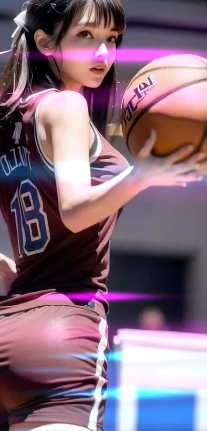 Dynamic female basketball player holding ball.