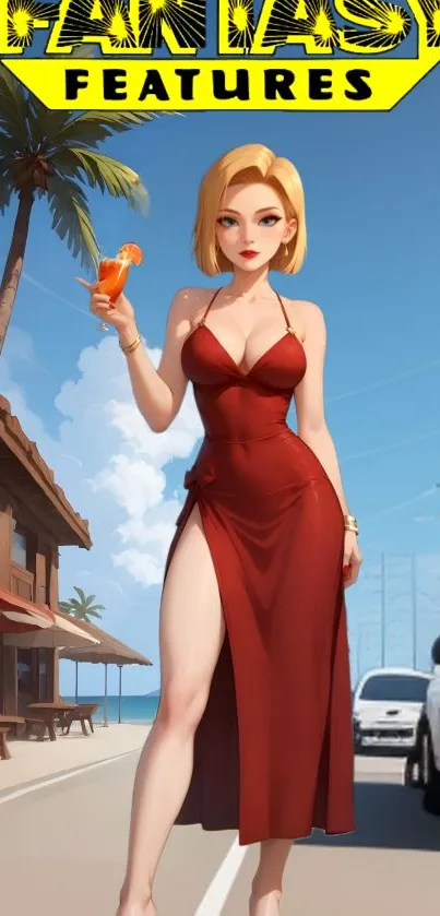 Fantasy art of a woman in red on a sunny beach street.