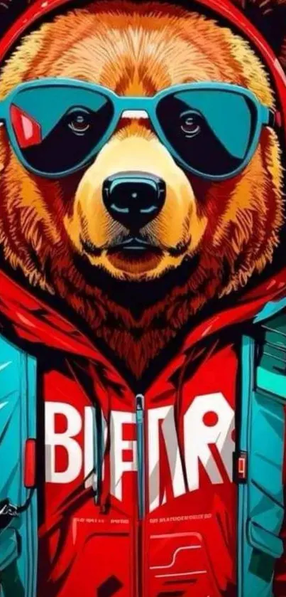 Illustrated bear in red hoodie and sunglasses.