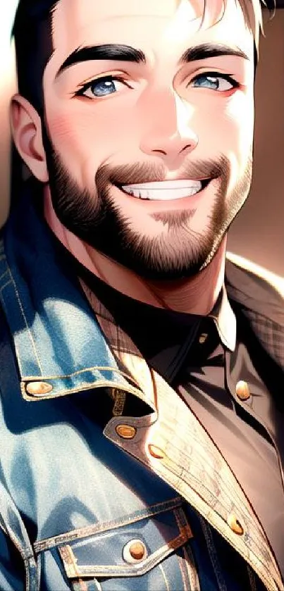 Artistic bearded character in denim jacket with a bright smile.