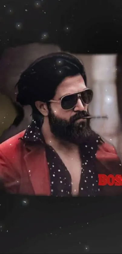 Mobile wallpaper of a stylish bearded man in a red jacket with sunglasses.