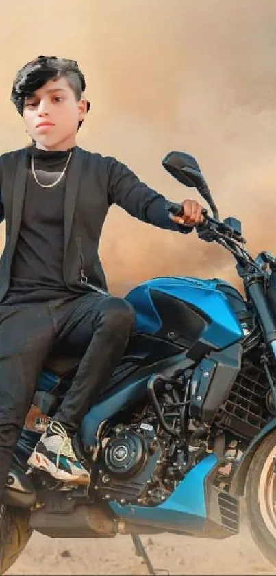 Stylish rider on a blue motorcycle with a bold stance.