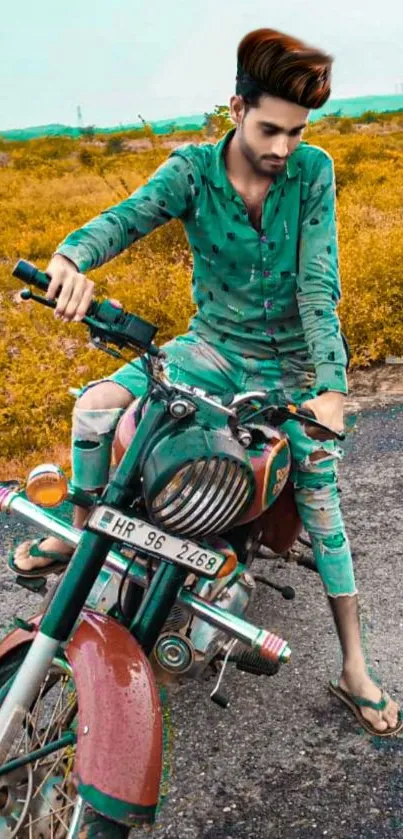 Stylish man on green motorcycle on scenic road.