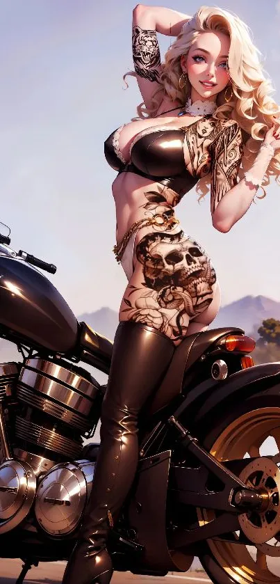 Anime woman on motorcycle, stylish design.