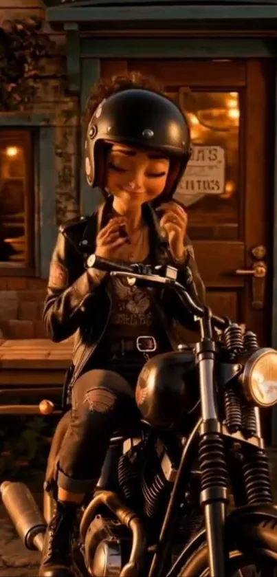 Animated biker character on motorcycle in cozy urban setting.