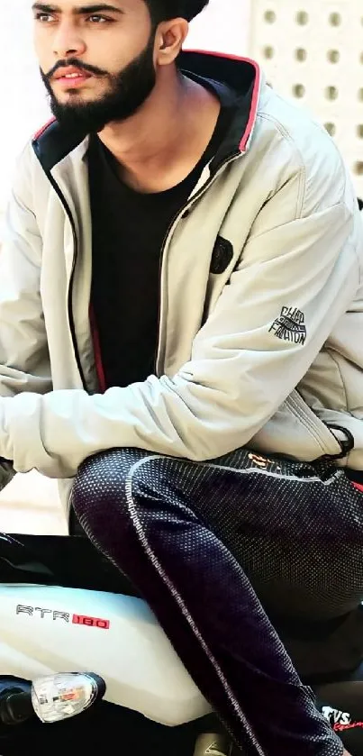 Young man sitting on a sleek white motorcycle, exuding a stylish biker vibe.