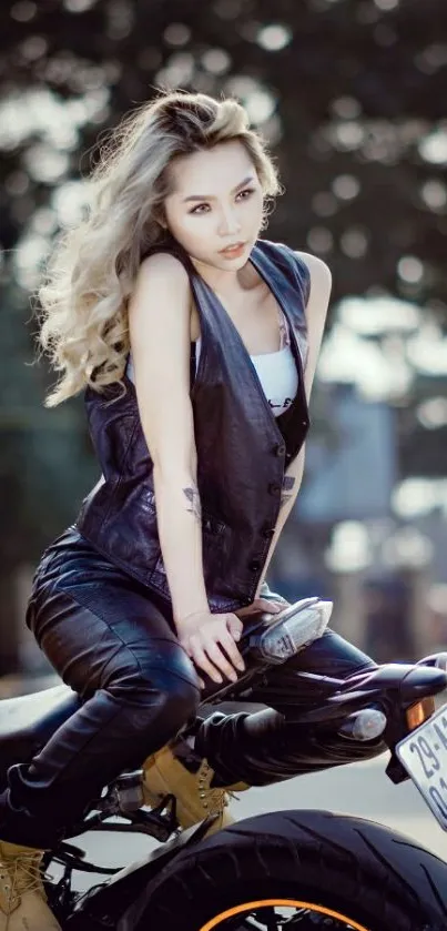 Stylish biker posing on motorcycle in urban setting.