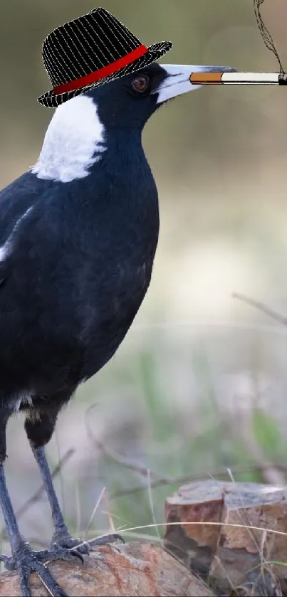 A black and white bird wearing a hat in a natural setting.