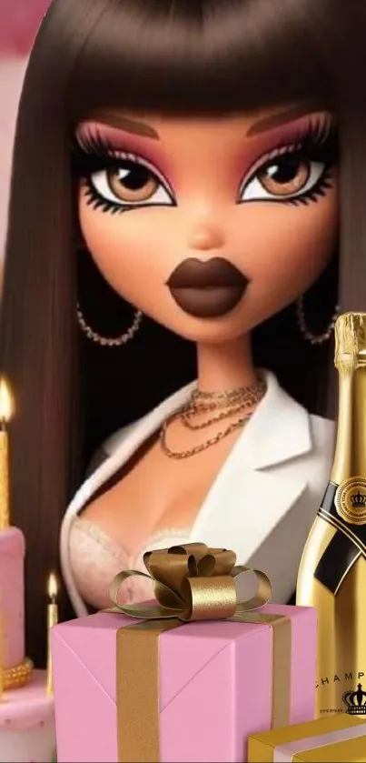 Chic animated birthday scene with pink cake and fashionable character.