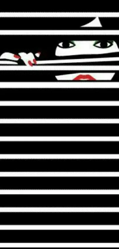 Mysterious face peeking through striped black and white design wallpaper.