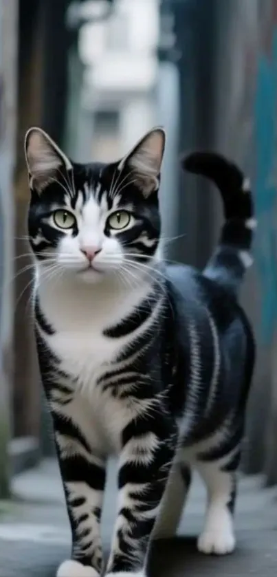 Stylish black and white cat in urban alley with graffiti.