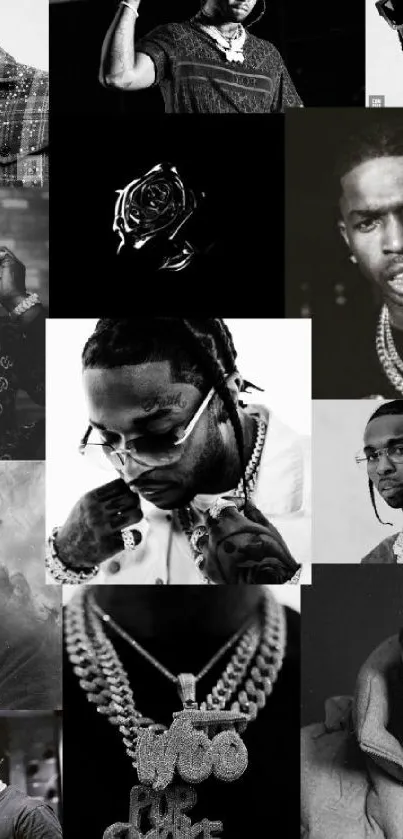 Black and white collage wallpaper with iconic figures.