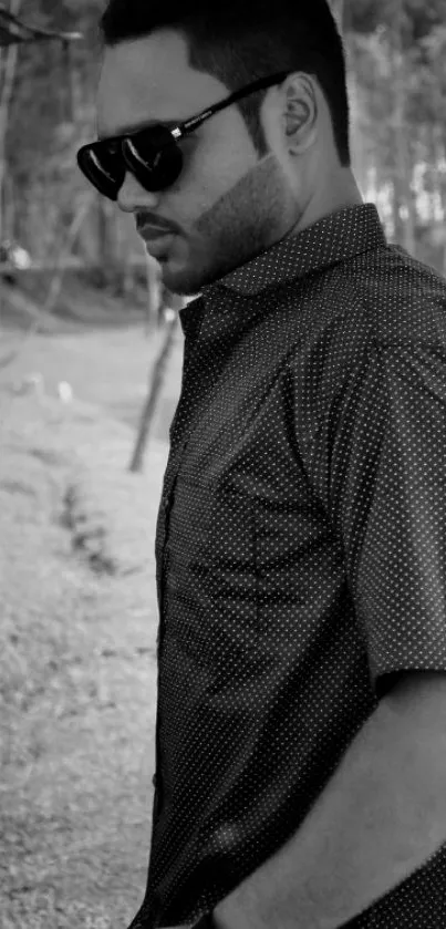 Black and white portrait of a stylish man outdoors wearing sunglasses.