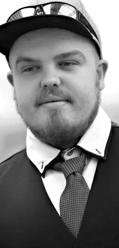 Stylish black and white portrait of a man wearing a cap and vest.