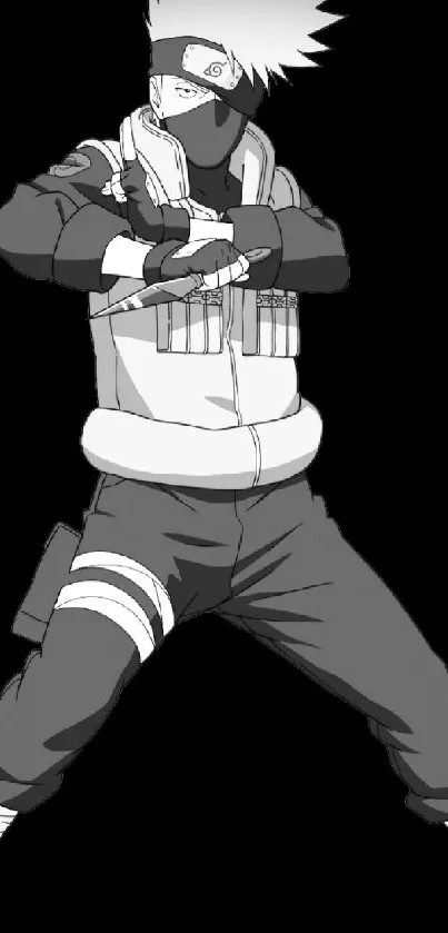 Black and white anime ninja in iconic pose on dark background.