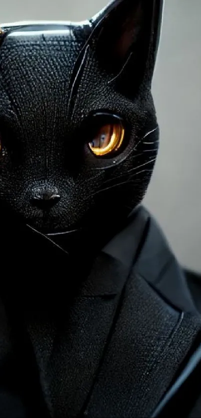 Elegant black cat in a suit with golden eyes, perfect for a unique wallpaper.