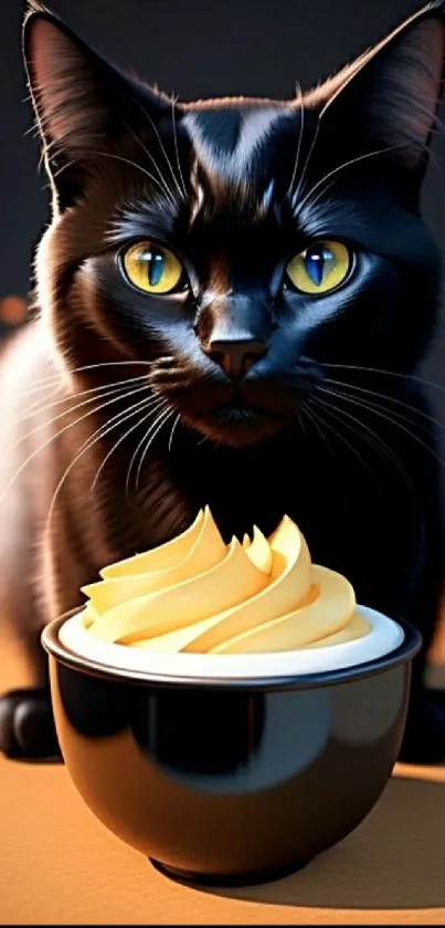 Stylish black cat with yellow eyes next to a bowl, set as a mobile wallpaper.