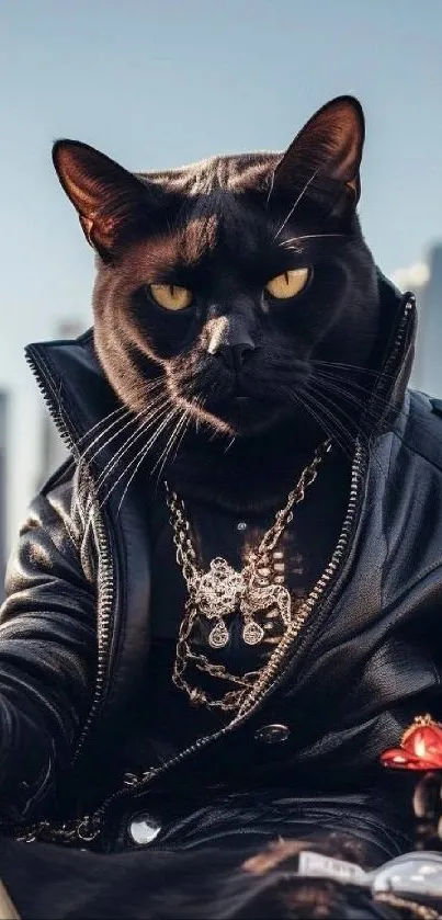 Stylish black cat in a leather jacket with a cityscape backdrop.