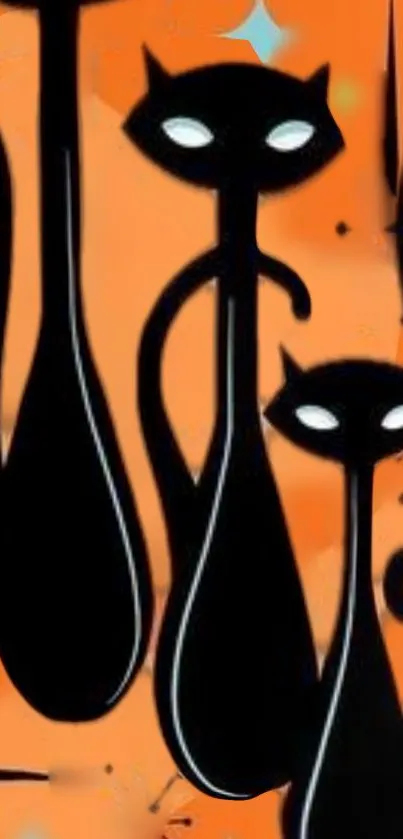 Stylishly designed black cats on an orange background mobile wallpaper.