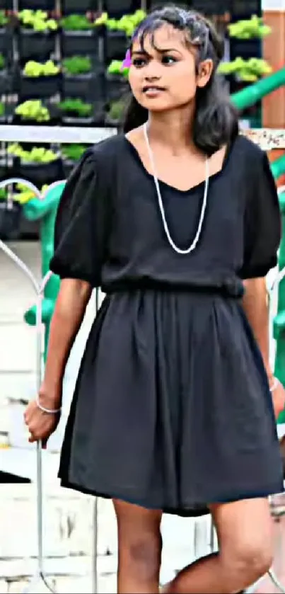 Woman in a stylish black dress standing outdoors.