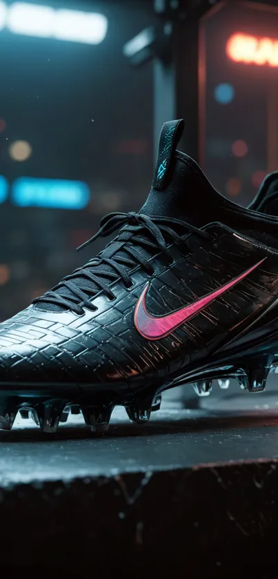 Black football cleat with pink swoosh on urban background wallpaper.