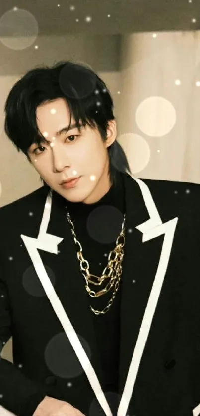 Elegant portrait in a black suit with gold chains.