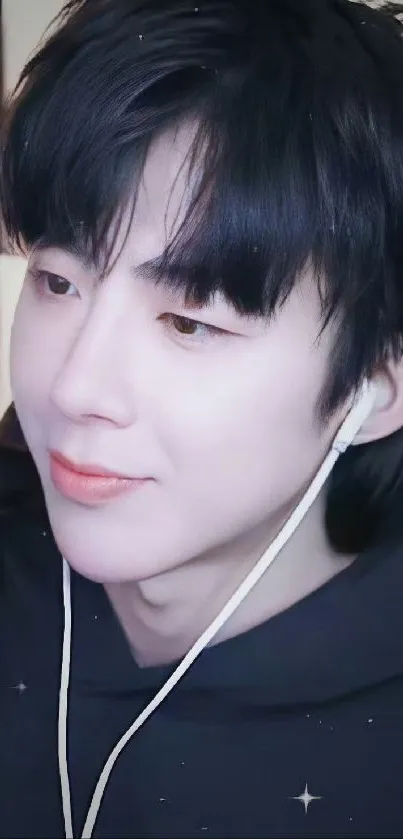 Black-haired person listening with earphones.