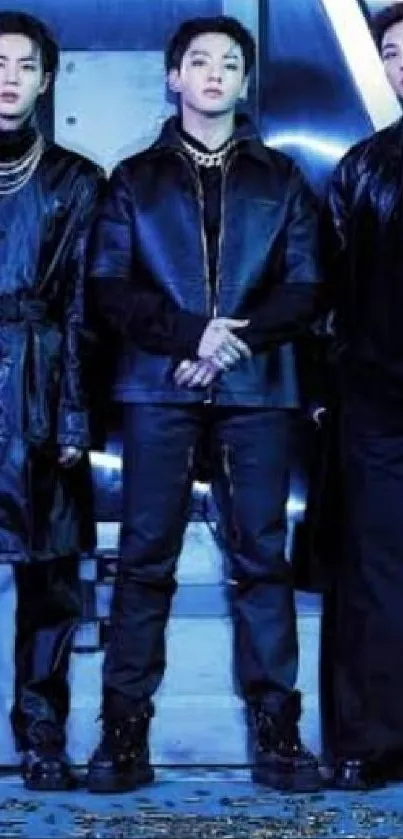Group in stylish black leather outfits against blue background.